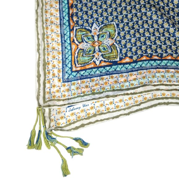 Johnny Was Silk Square Scarf Tasseled Floral Blue Multicolor Boho Bohemian Twee - Picture 4 of 6